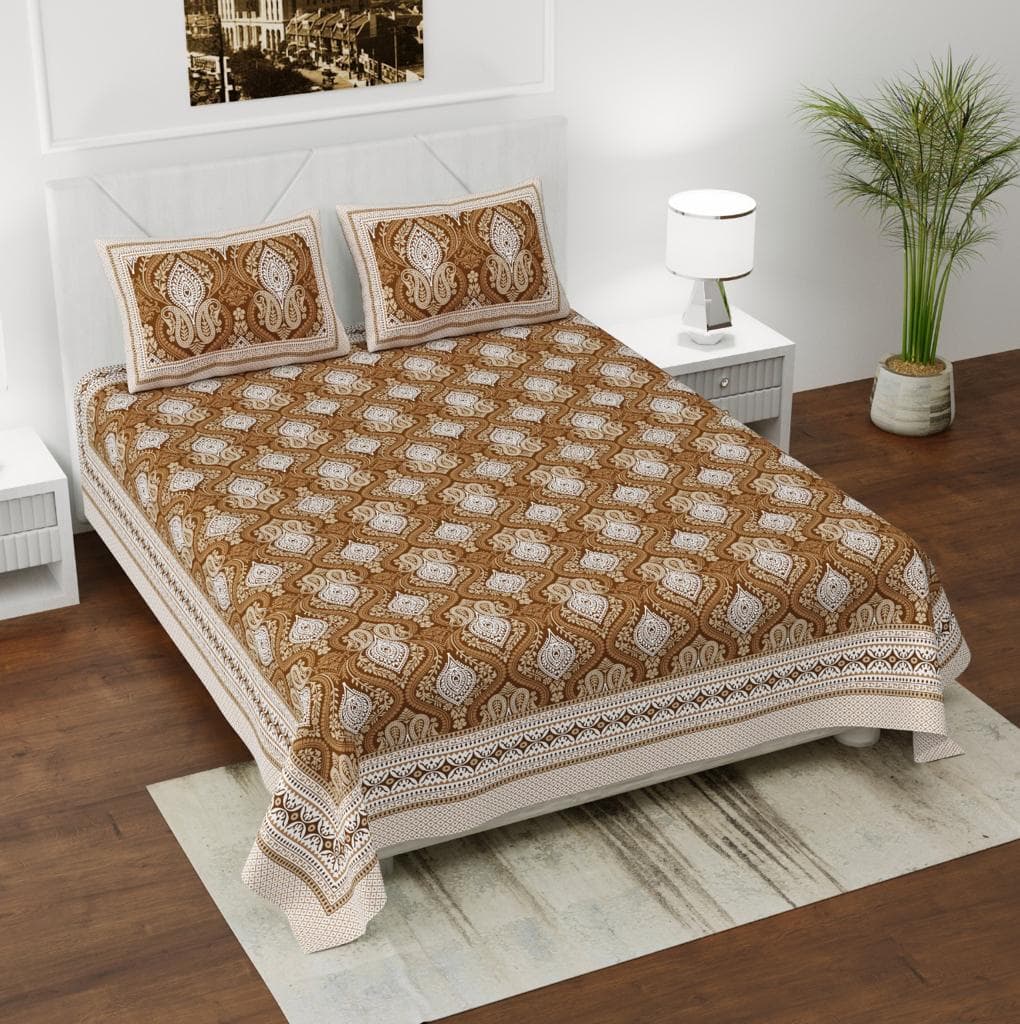 Brown Jaipuri Hand Block Printed Cotton Double Bedsheet With stitched Pillow Cover