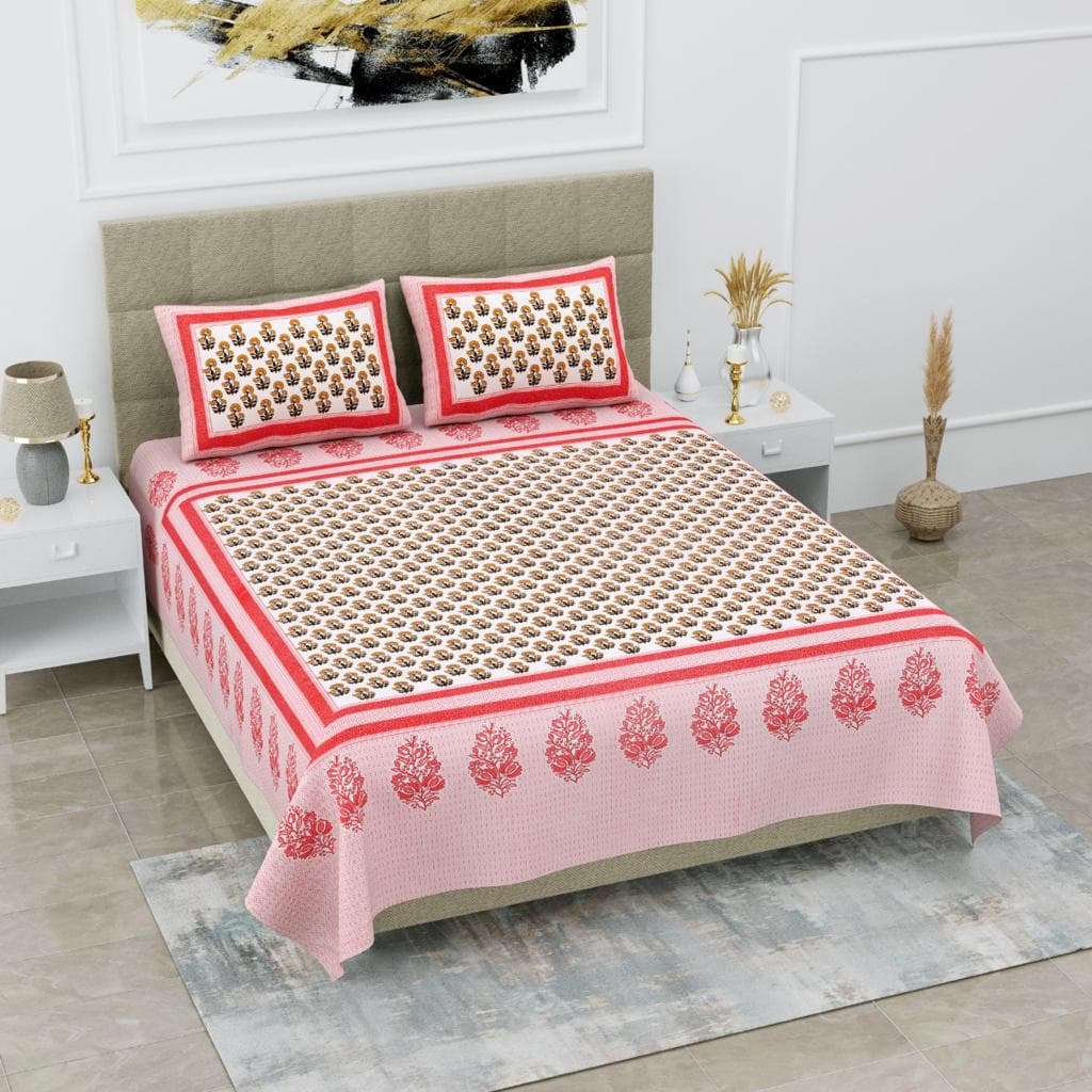 Pink Orange Hand Block Printed Cotton Double Bedsheet With Stitched Pillow Cover