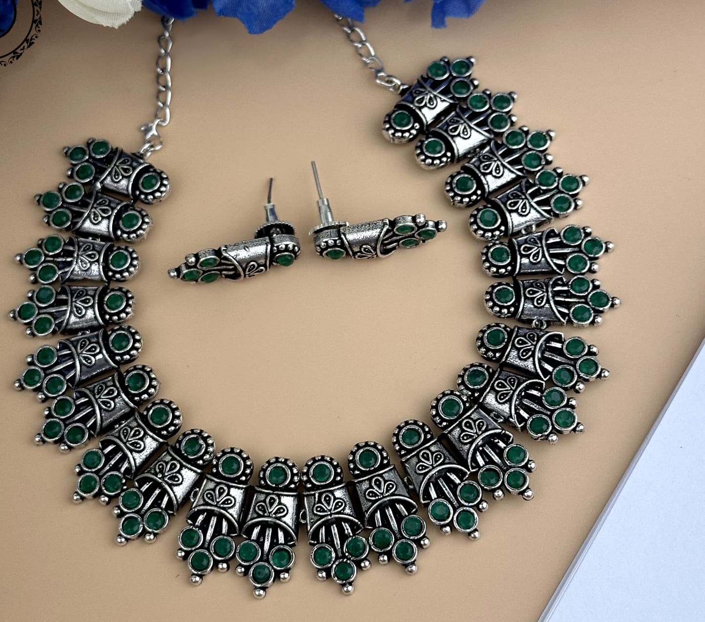 Silver Pure Oxidisd Necklace With Green Stone Jewellery