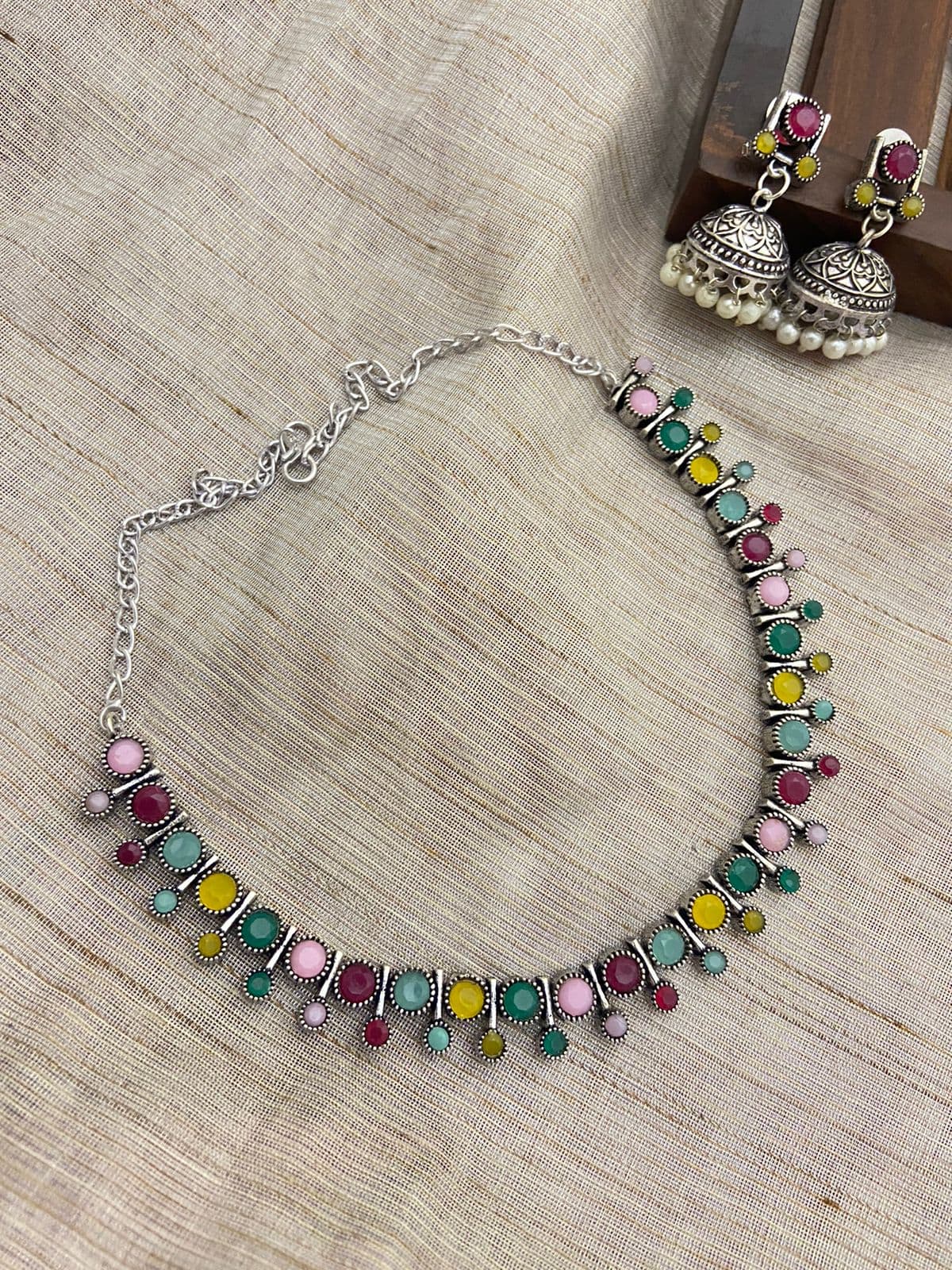 Silver Pure Oxidised Necklace With Multi Colour Stone Jewellery