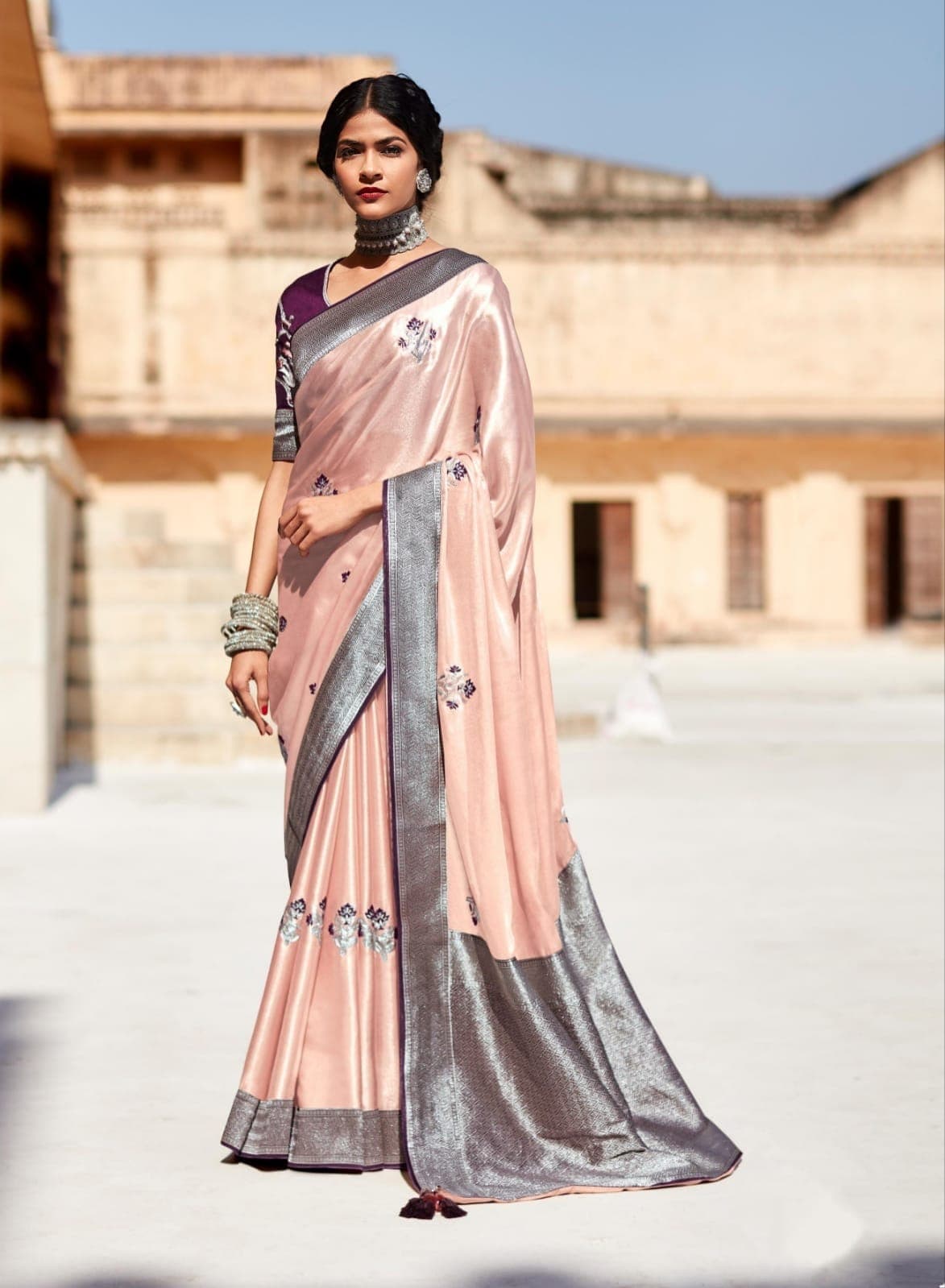 Light Pink Flower Jacquard Work Paithani Silk Saree