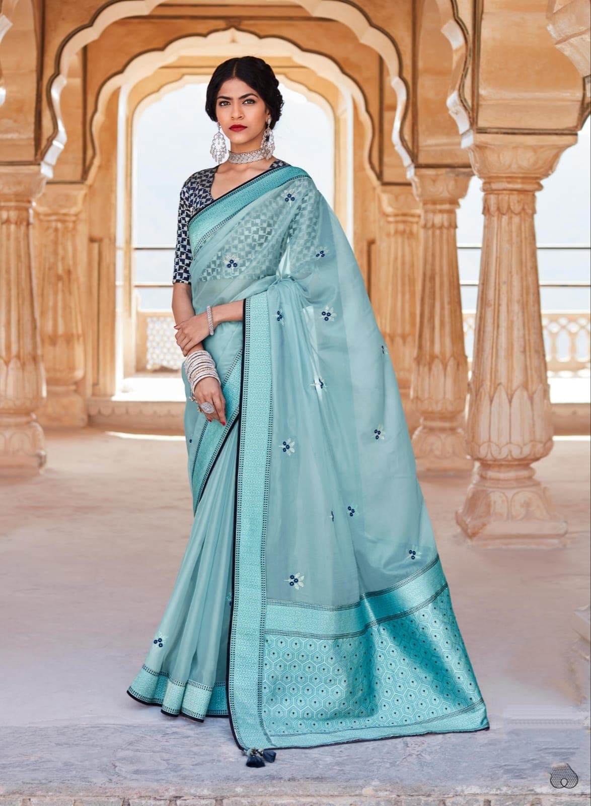 Sky Blue Flower Jacquard Work Paithani Silk Saree