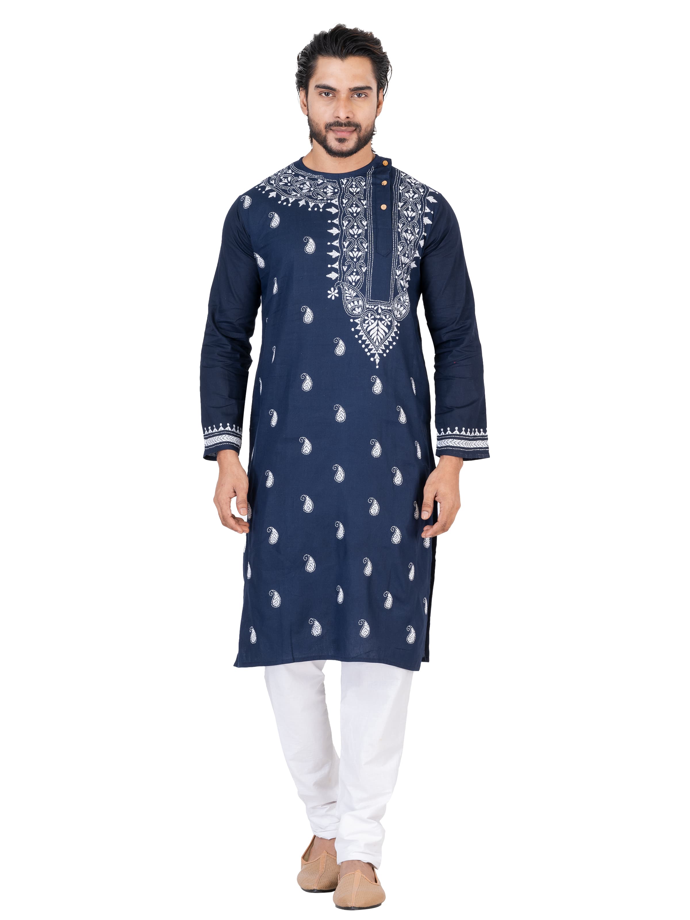 Blue Pure Handloom Kantha Stitch Cotton Kurta