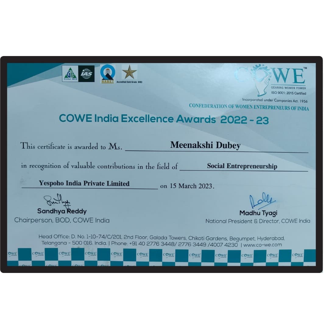 "Mrs. Meenakshi Dubey of Yes!poho India Pvt Ltd Honored as "Social Entrepreneurship 2022-2023" at COWE India Excellence Award"