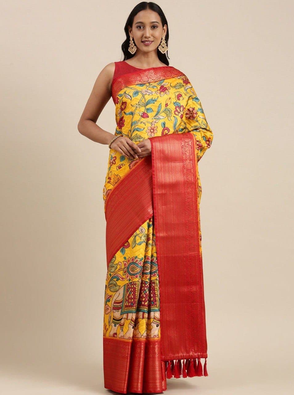 Red Yellow Kalamkari Silk Party Saree Update