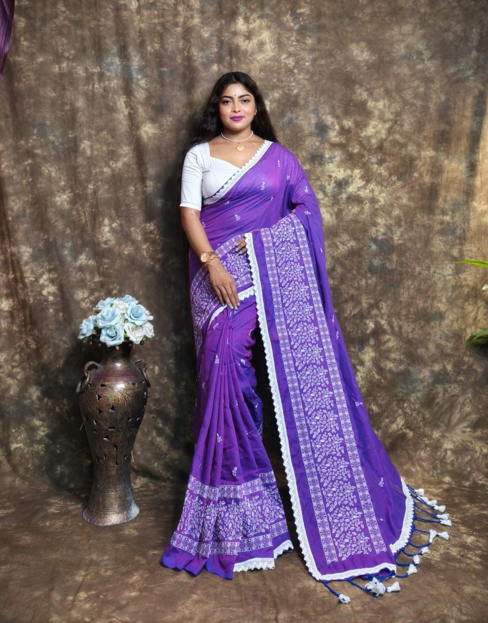 Purple Pure Handloom Cotton Saree From Bengal