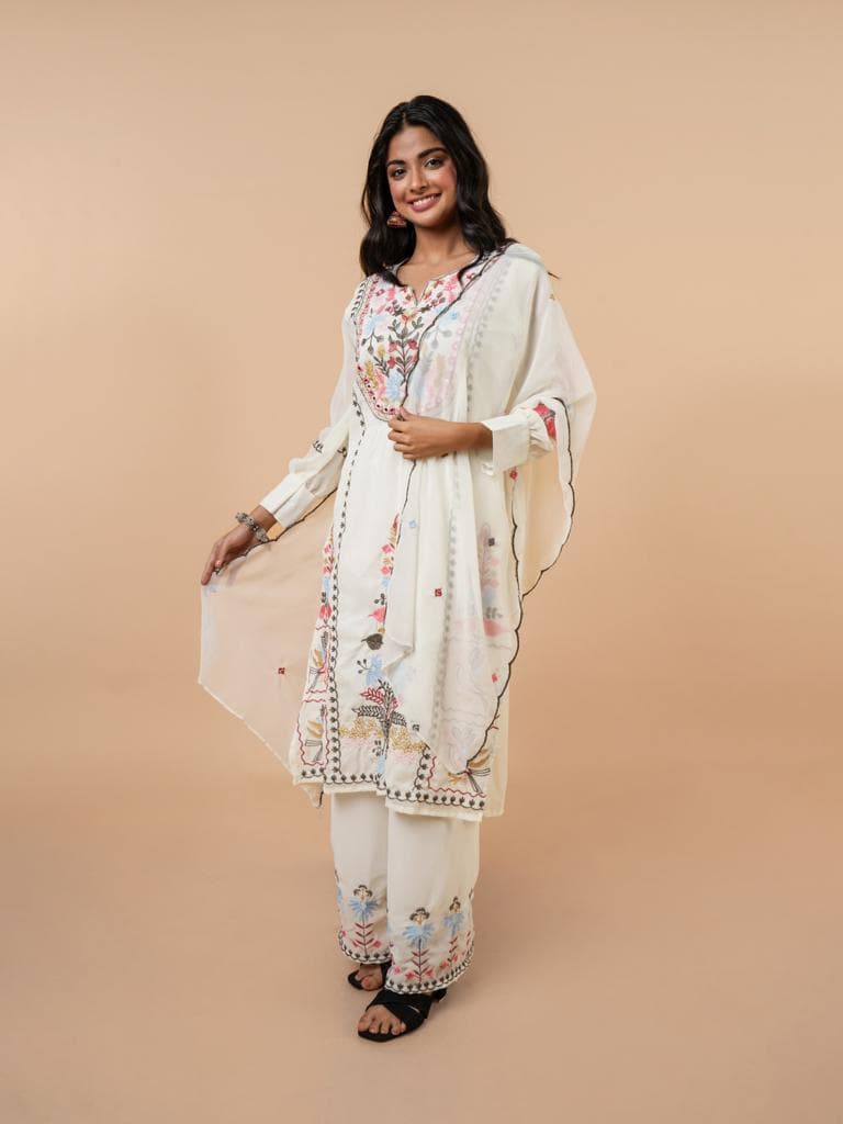 Beige georgette embroidered suit - set of 3