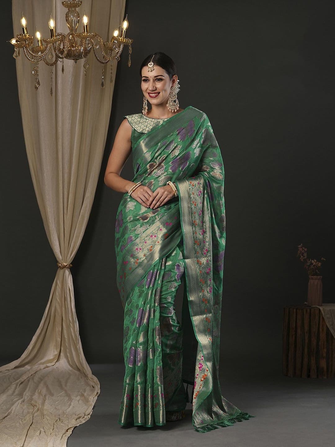 Timber Green Pure Handloom Organza Saree
