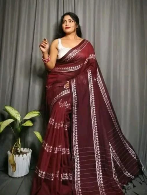 Maroon Pure Handloom Cotton Saree From Bengal
