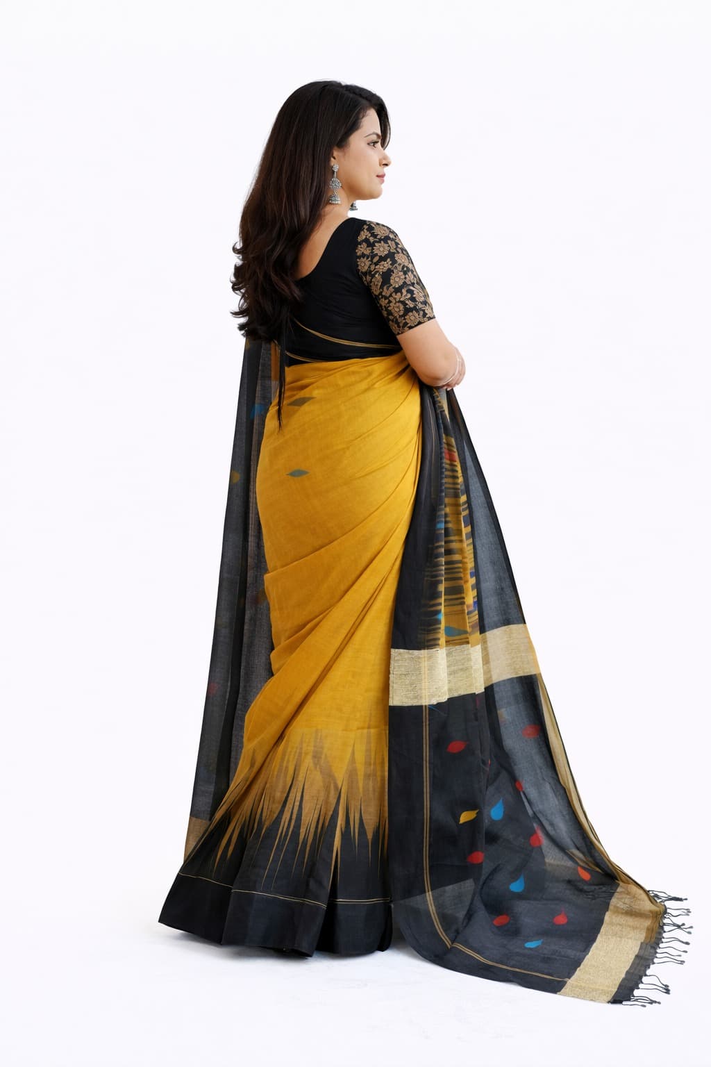 Mustard Ikkat Silk Cotton Saree From Bengal