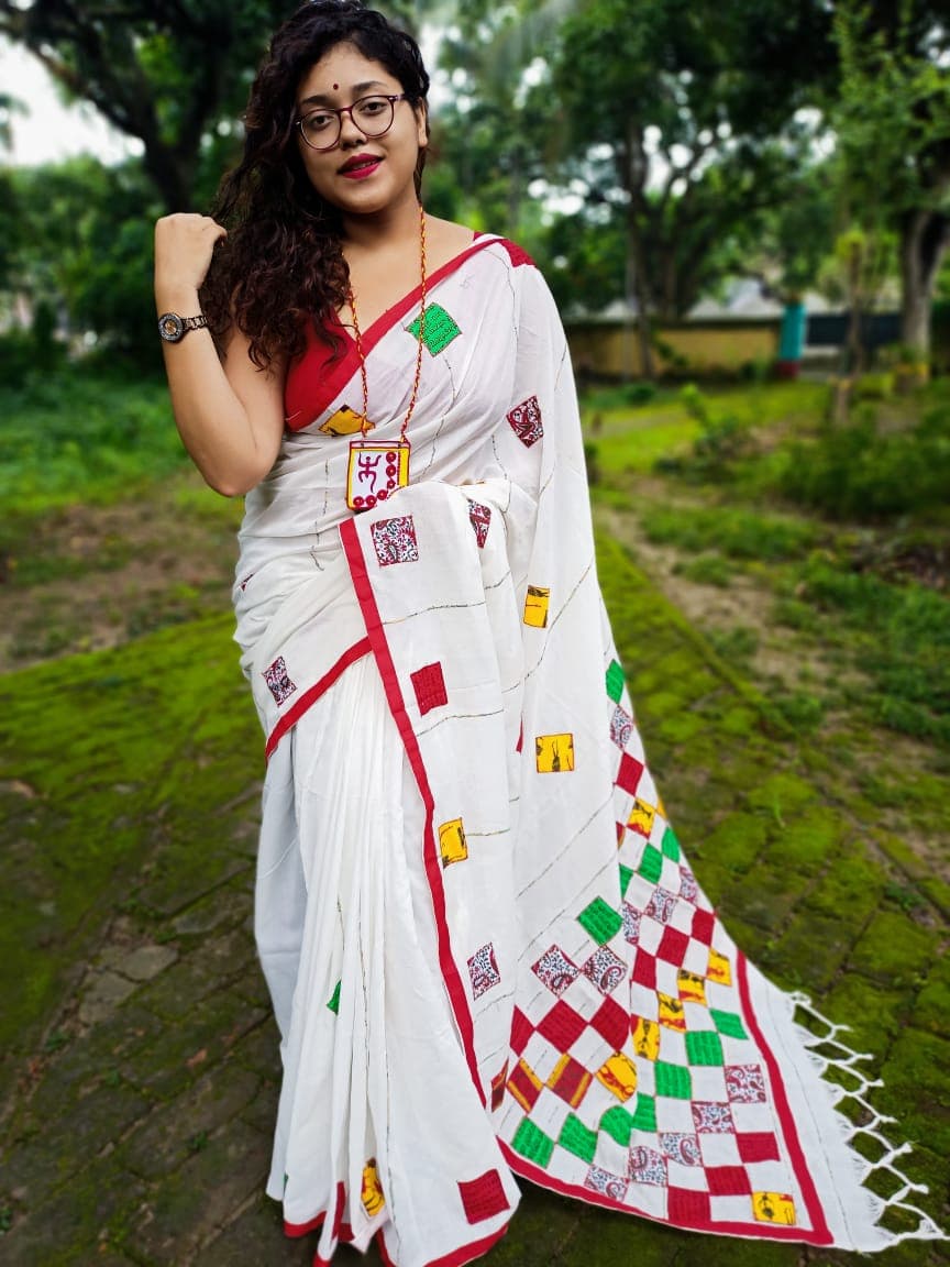 White Pure Handloom Cotton Saree From Bengal